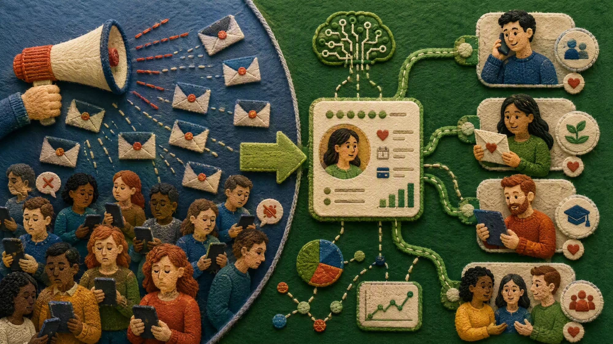 A digital interface visualization showing algorithmic segmentation and real-time propensity scores for a donor database.