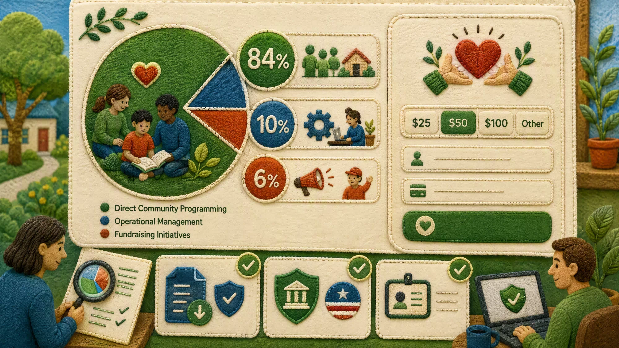 An infographic showing a clear pie chart breakdown of charity fund allocations labeled with community programs, overhead, and fundraising costs.