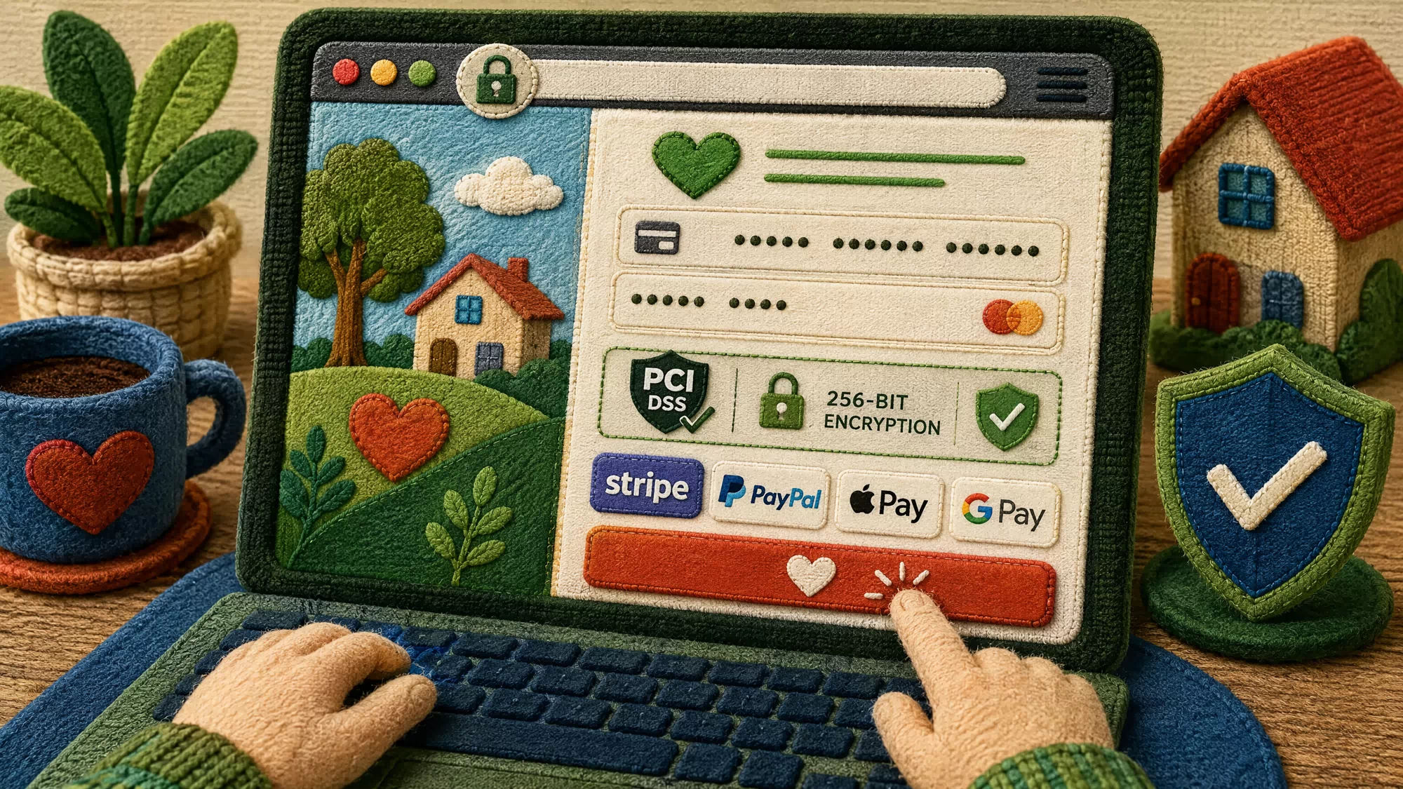 Close-up of a secure donation form interface featuring a padlock icon, credit card fields, and recognizable payment partner logos like Stripe and PayPal.