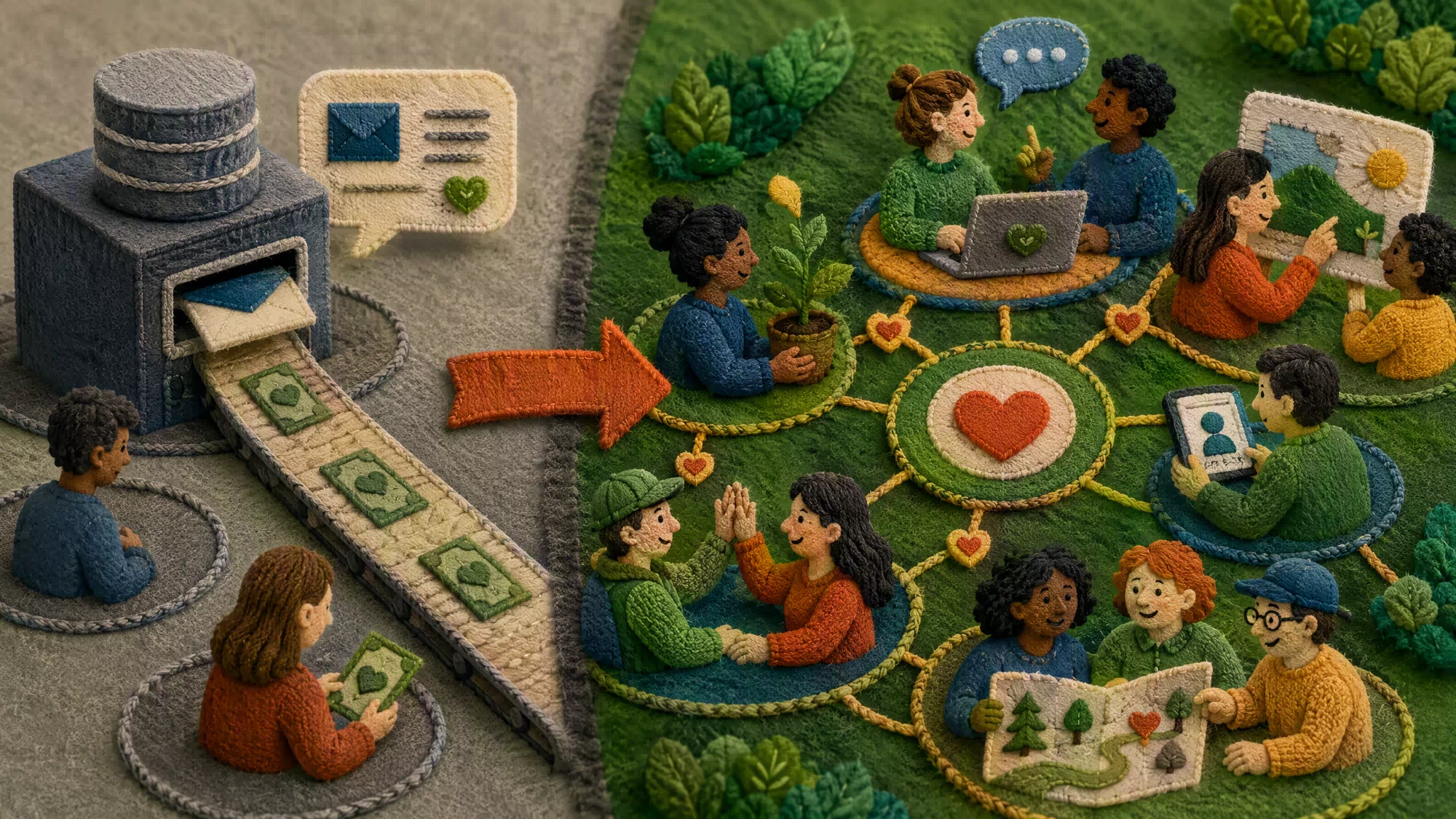 Diverse group of people collaborating in an online community space focused on charitable projects.