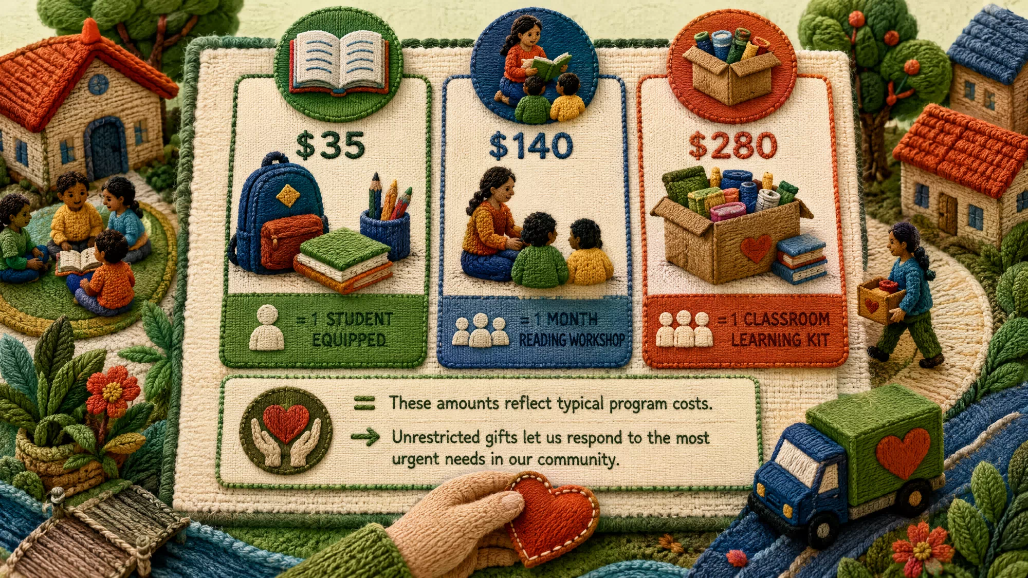 A stylized impact card showing a specific donation amount tied to a tangible outcome, such as a child receiving a textbook.