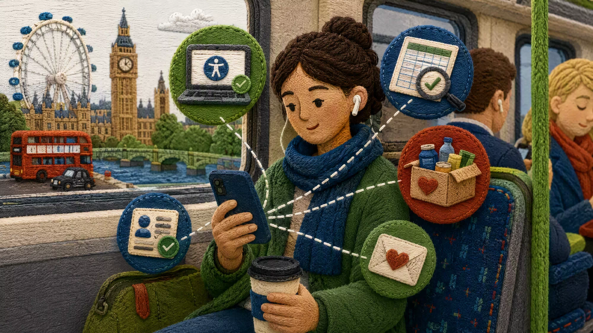 A professional using a laptop on a train to perform a quick digital volunteer task