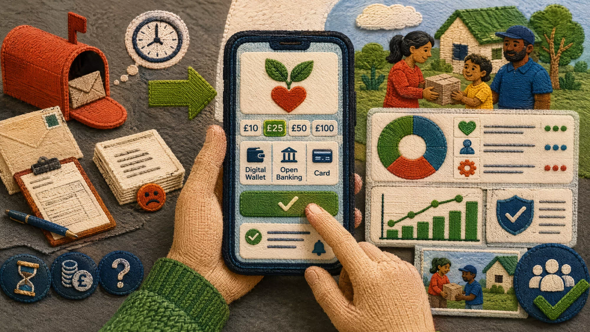 A close-up of a mobile smartphone screen displaying a secure, one-tap charity donation portal with real-time financial tracking statistics.