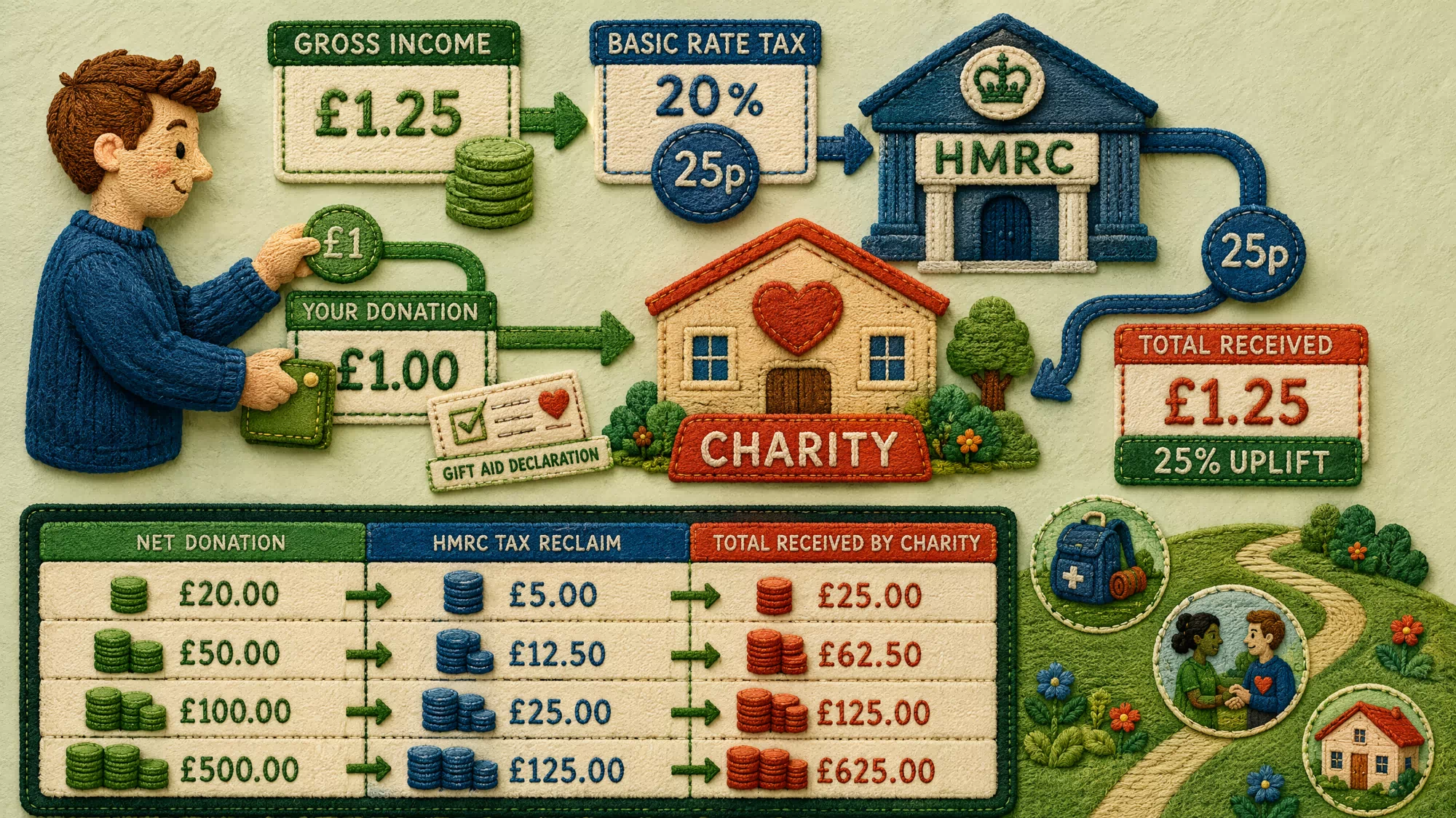 A clear comparison table showing the increase in donation value from £20 to £500 through the Gift Aid 25 percent uplift mechanism.