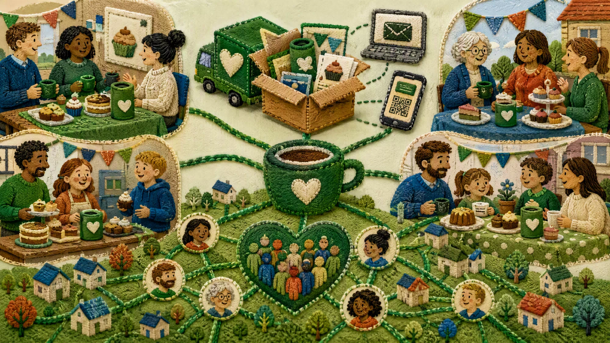 A photo of a diverse group of volunteers hosting a local Macmillan coffee morning, with promotional posters and donation kits visible on a table.