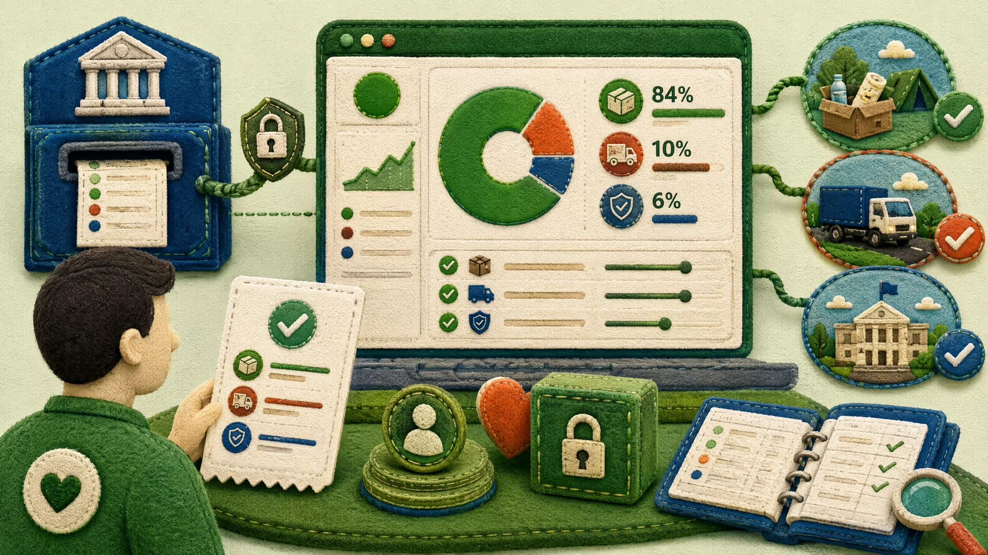 A clean, modern user interface showing a digital dashboard where a donor can see a breakdown of how their specific donation is allocated to different charity programs.
