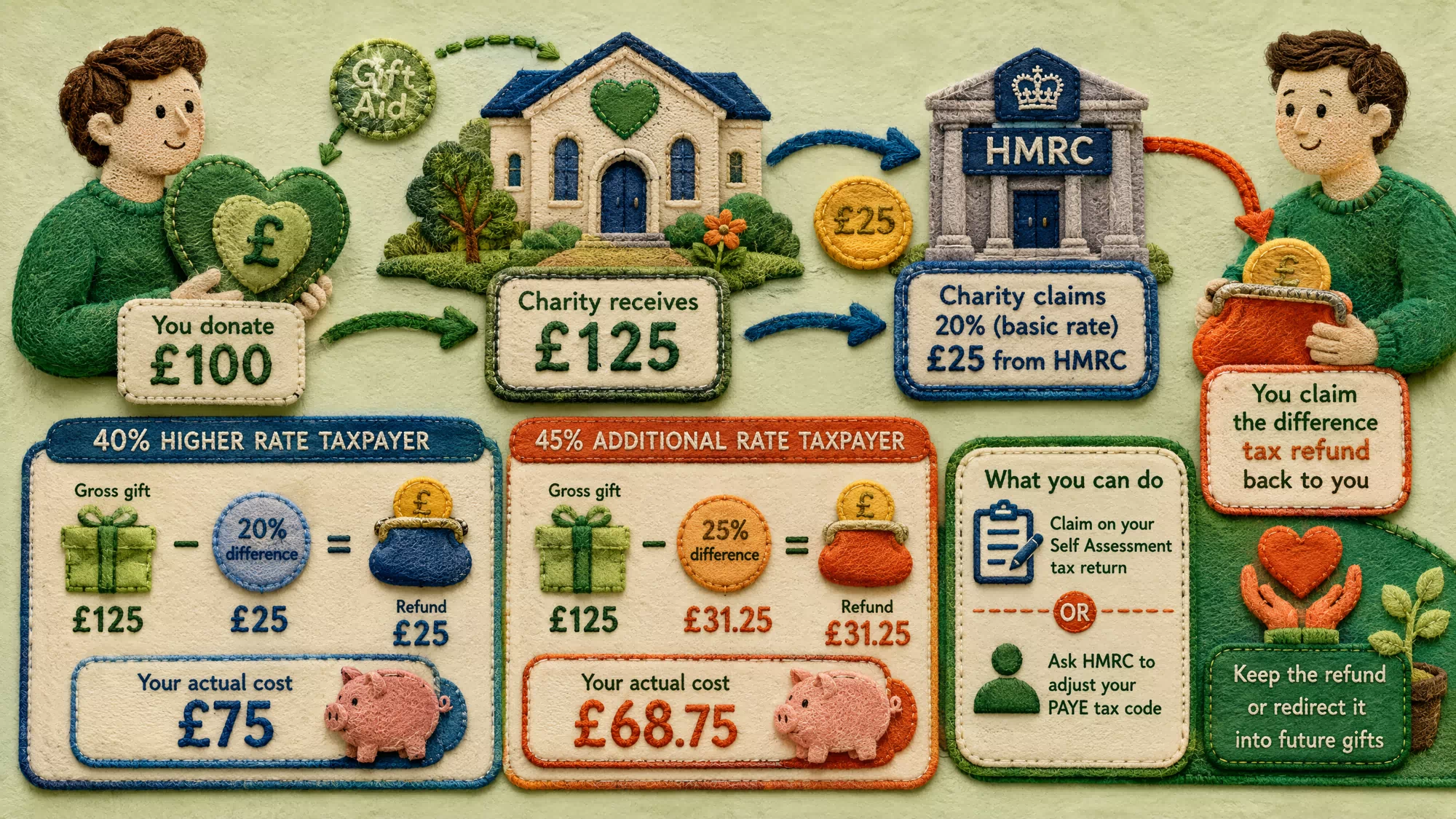 A flow chart showing the higher rate taxpayer process, starting from the net donation to the charity, the government tax reclaim, and the final personal refund.