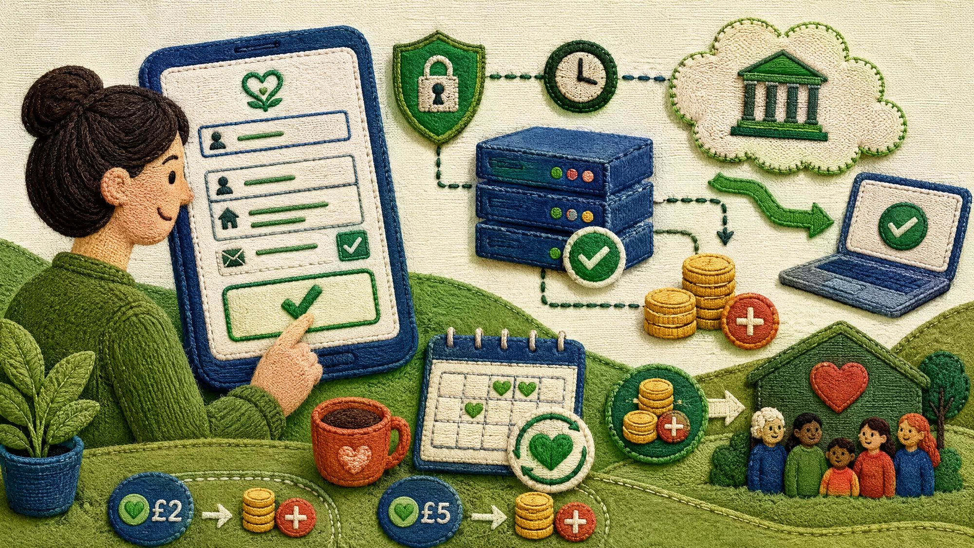 A digital interface mockup on a smartphone showing a donor checking a box to agree to Gift Aid on a donation platform.