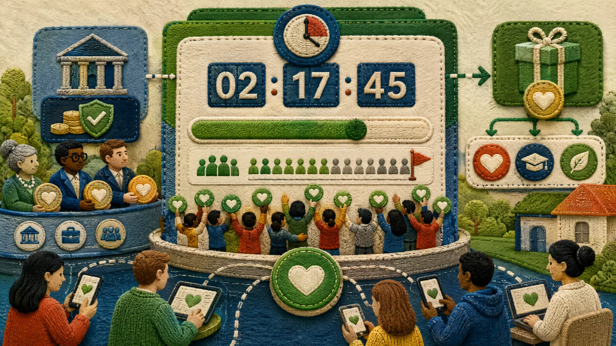 A close-up of a digital fundraising dashboard showing a live progress bar and a countdown timer for a match-funding campaign.