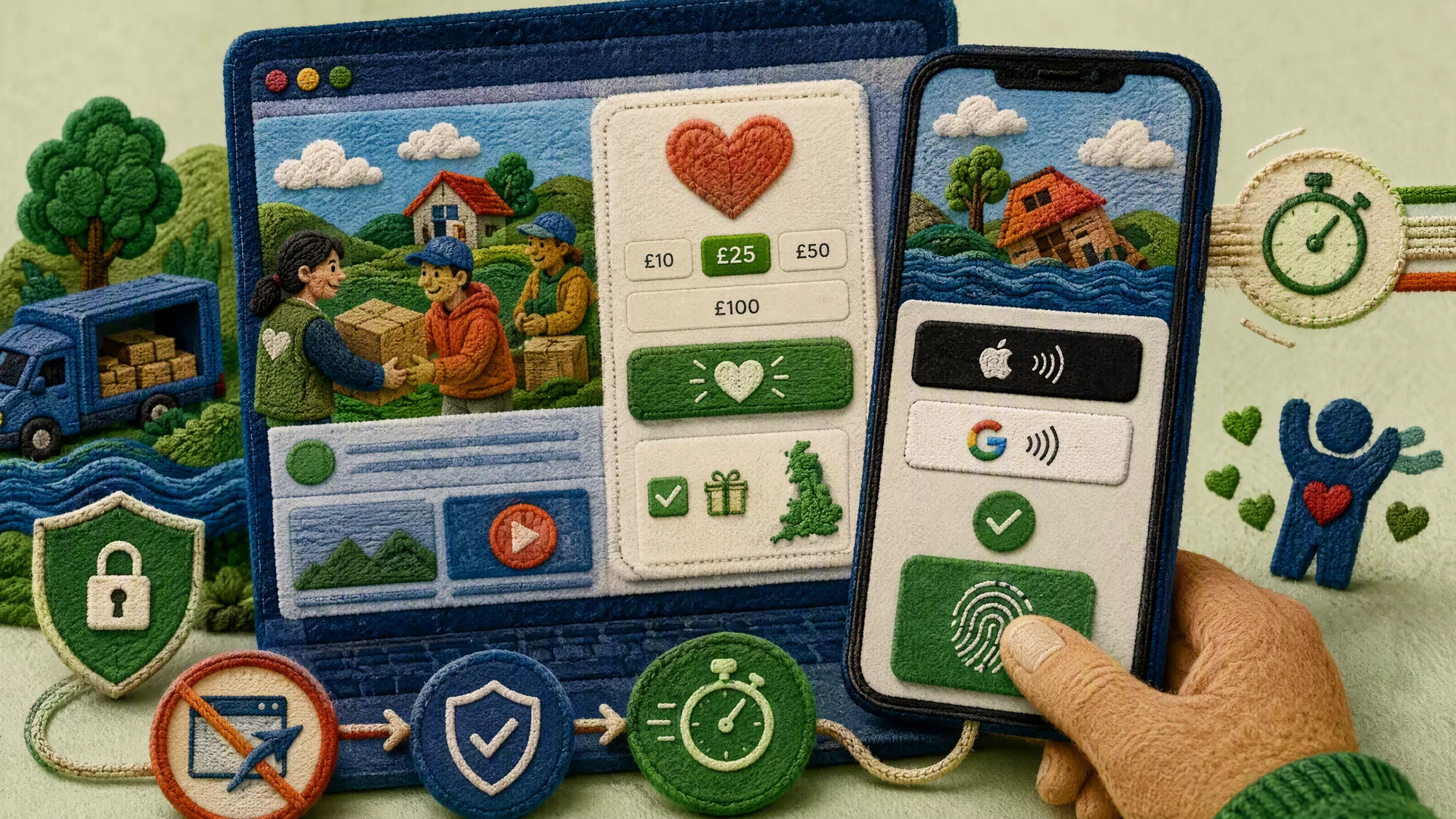 A person using a smartphone to make a quick, secure charitable donation via biometric authentication on a mobile wallet app.