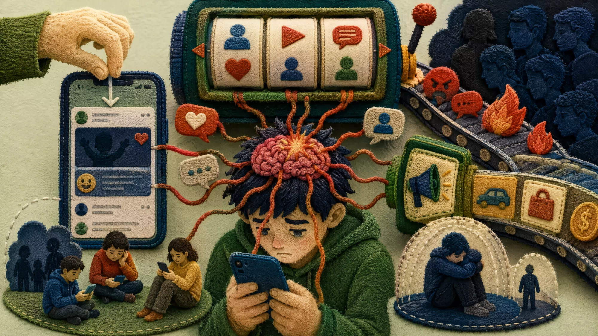 A conceptual illustration representing the fragmented focus of a person distracted by a smartphone screen against a blurred background.