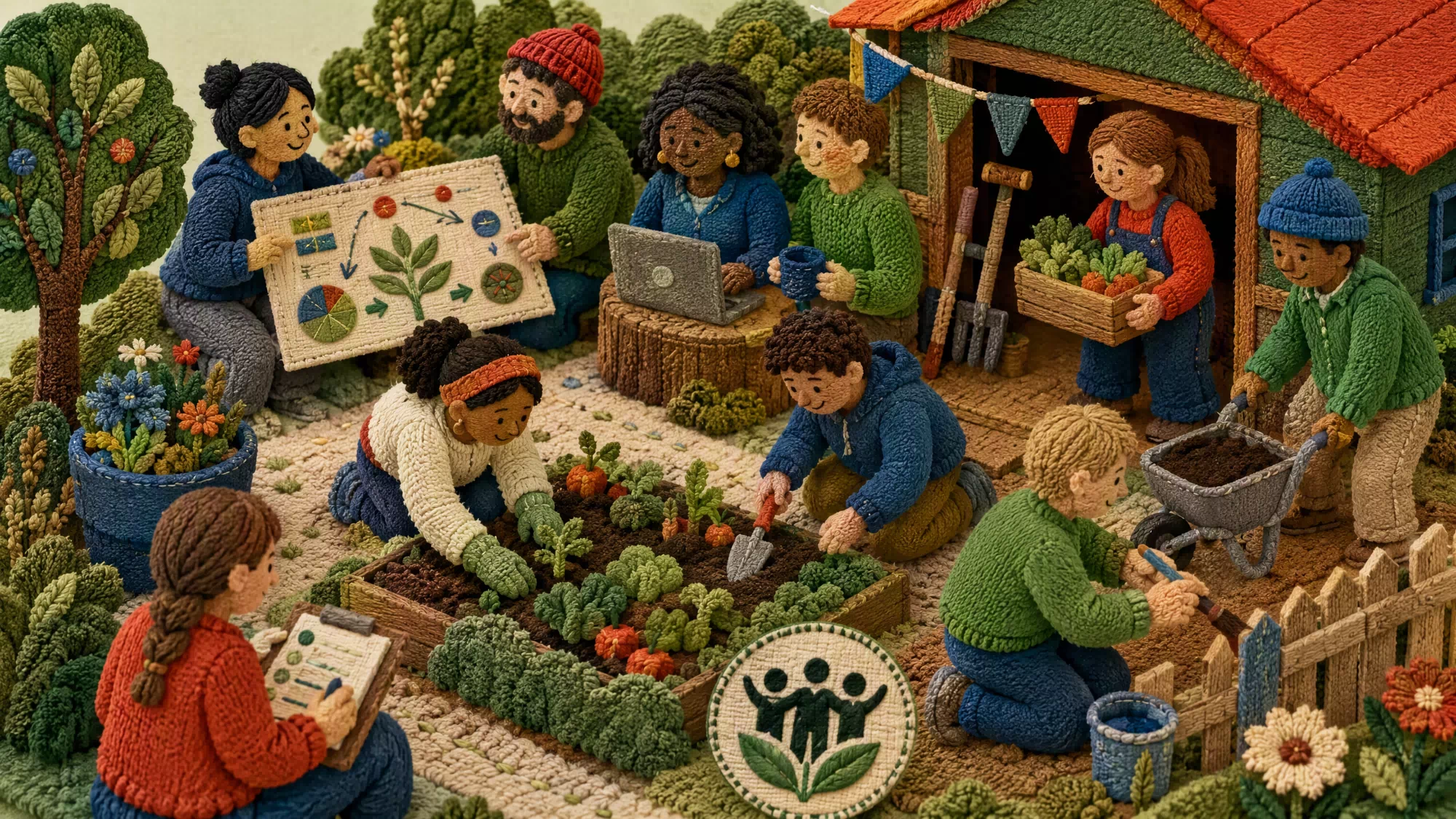 A diverse group of community volunteers working together on a local garden project, fostering collaboration and shared purpose.