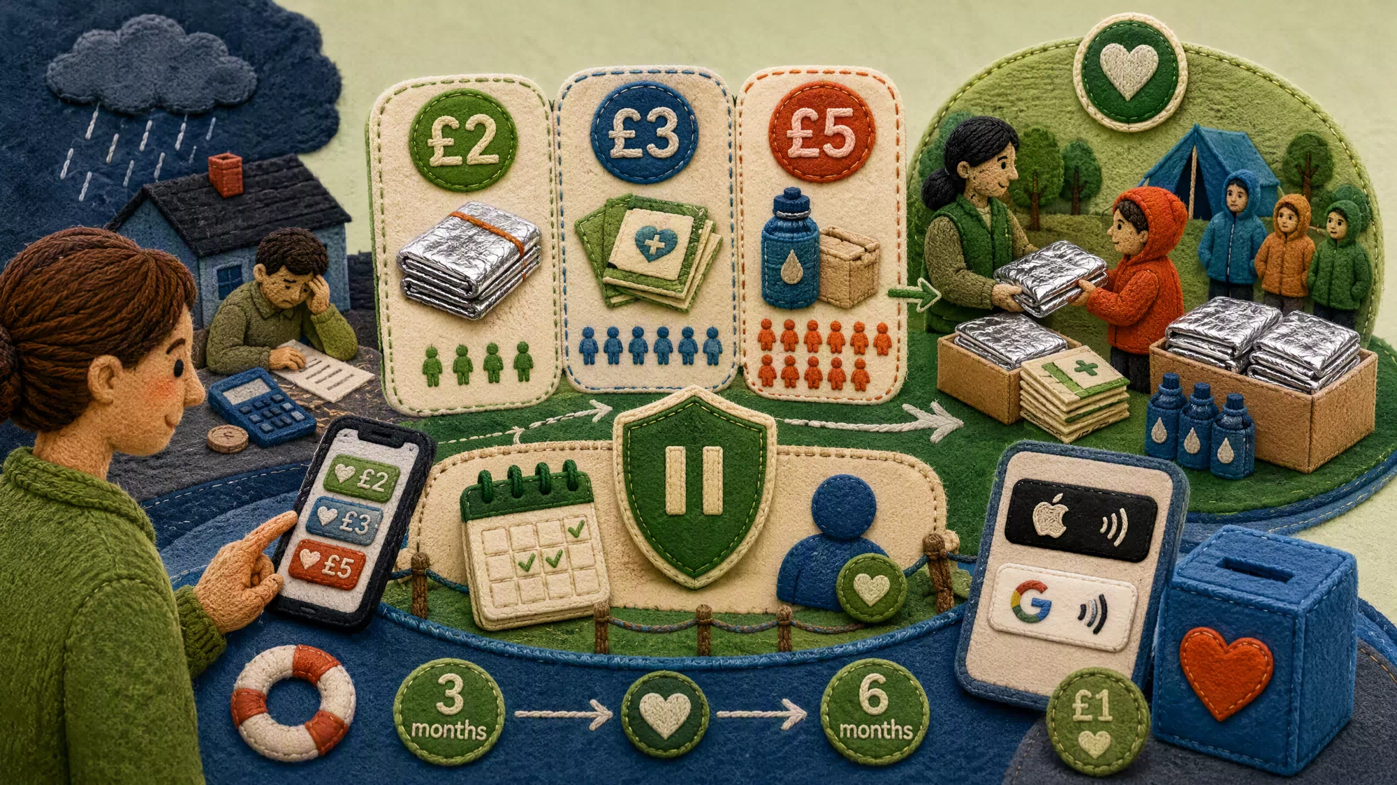 A graphic demonstrating the impact of a small donation, showing how a £2 gift funds specific items like thermal blankets.