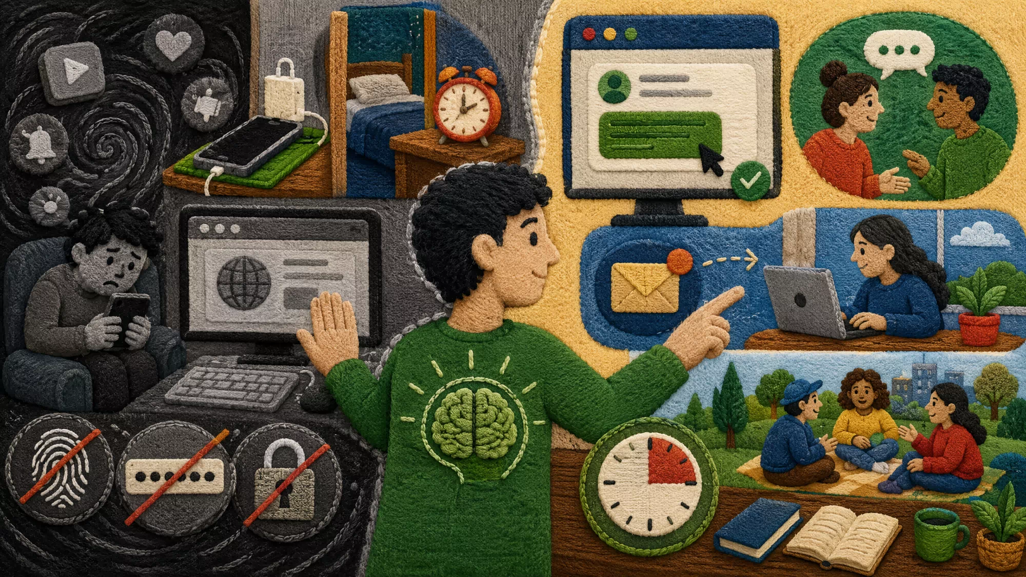 A stylized infographic showing a human brain with a reset button, symbolizing cognitive rest and the intentional breaking of scroll habits.