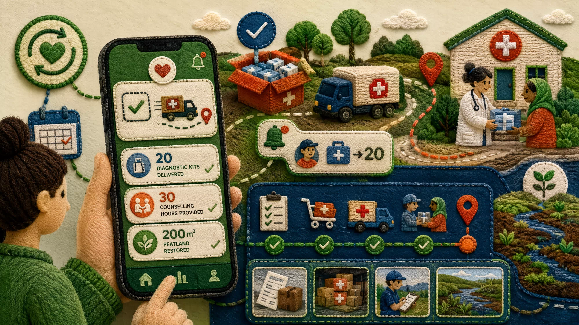 A digital dashboard interface displaying real-time project impact metrics and progress bars for various charitable causes.