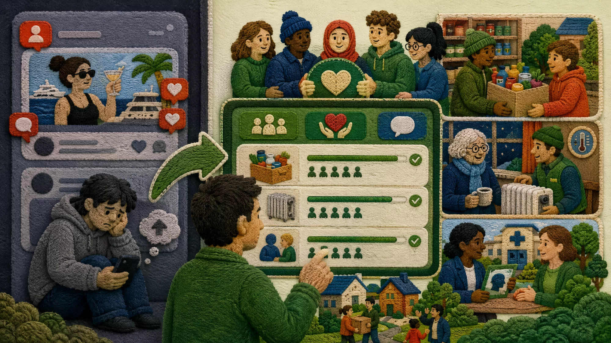 A community-focused interface display showing a collaborative project map and volunteer task list instead of social feed metrics.
