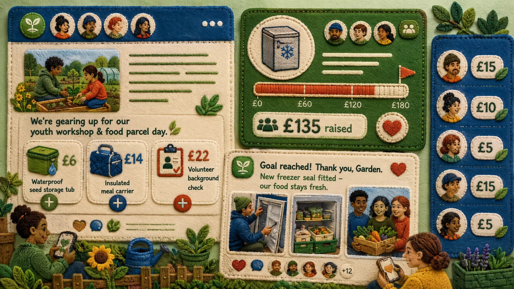 A smartphone displaying a community platform interface with a clear, small-scale funding goal for a specific charity project.